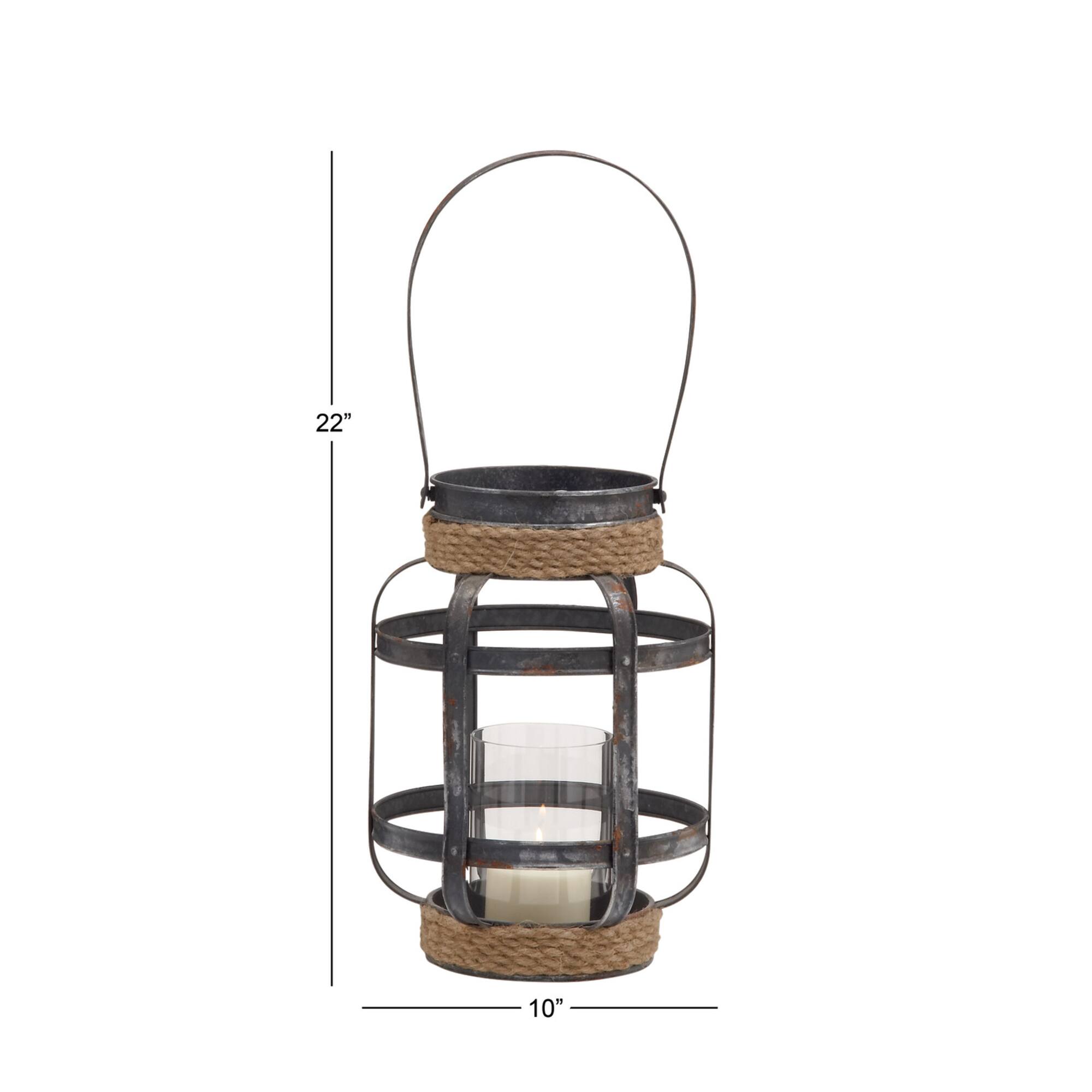 Grey Iron Industrial Candle Holder Lantern, 13" x 10" x 10"
